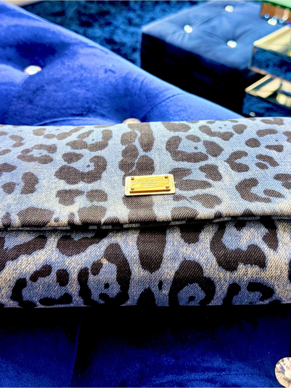 Authentic Dolce & Gabbana Denim Blue and Black Leopard Print Chain Crossbody Bag - Picture 3 of 4